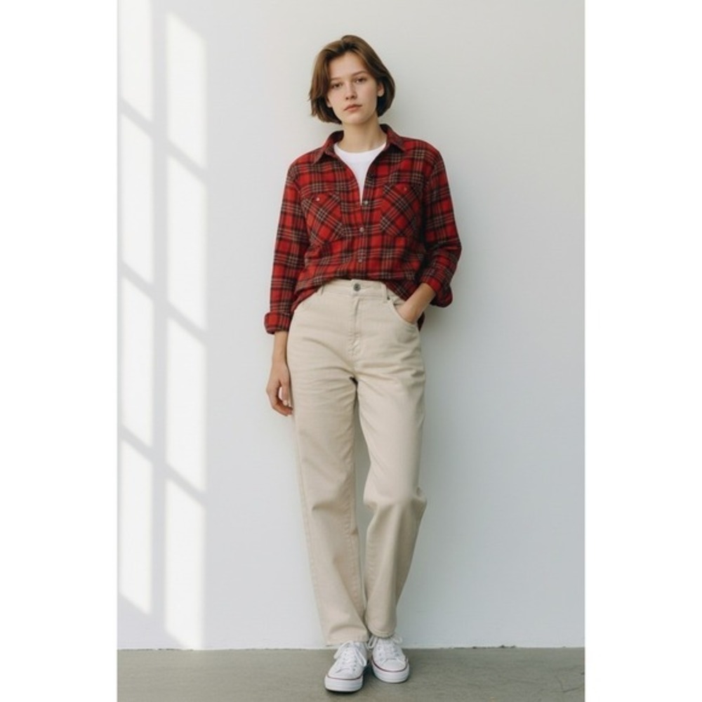 Treasure Bond Plaid Boyfriend Shirt Red  Long Sleeve Cotton‎ Blend Size S